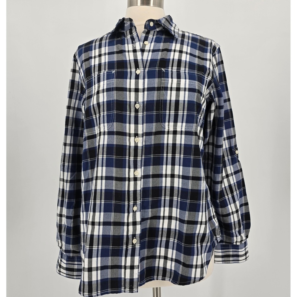 Lauren Ralph Lauren Button Front Women L Navy Plaid Black Label Roll Tab Shirt